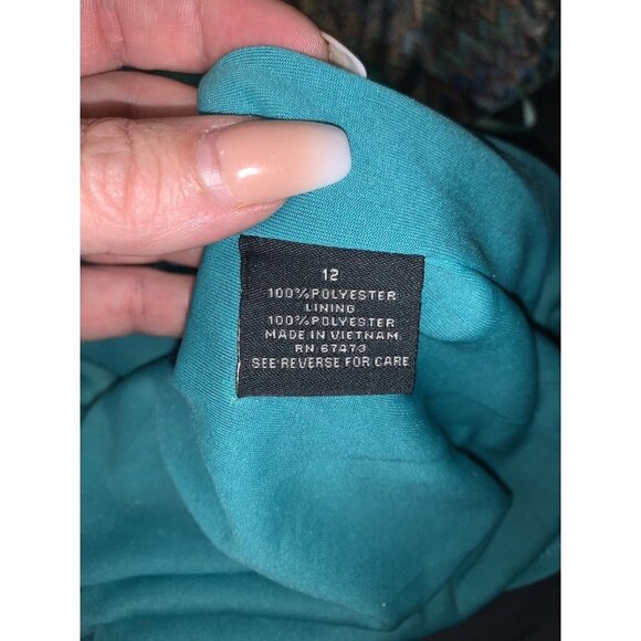 Gabby Skye Teal Chevron Print Faux Wrap Ruffled V-Neck Boho Dress Size 12 - Picture 9 of 9